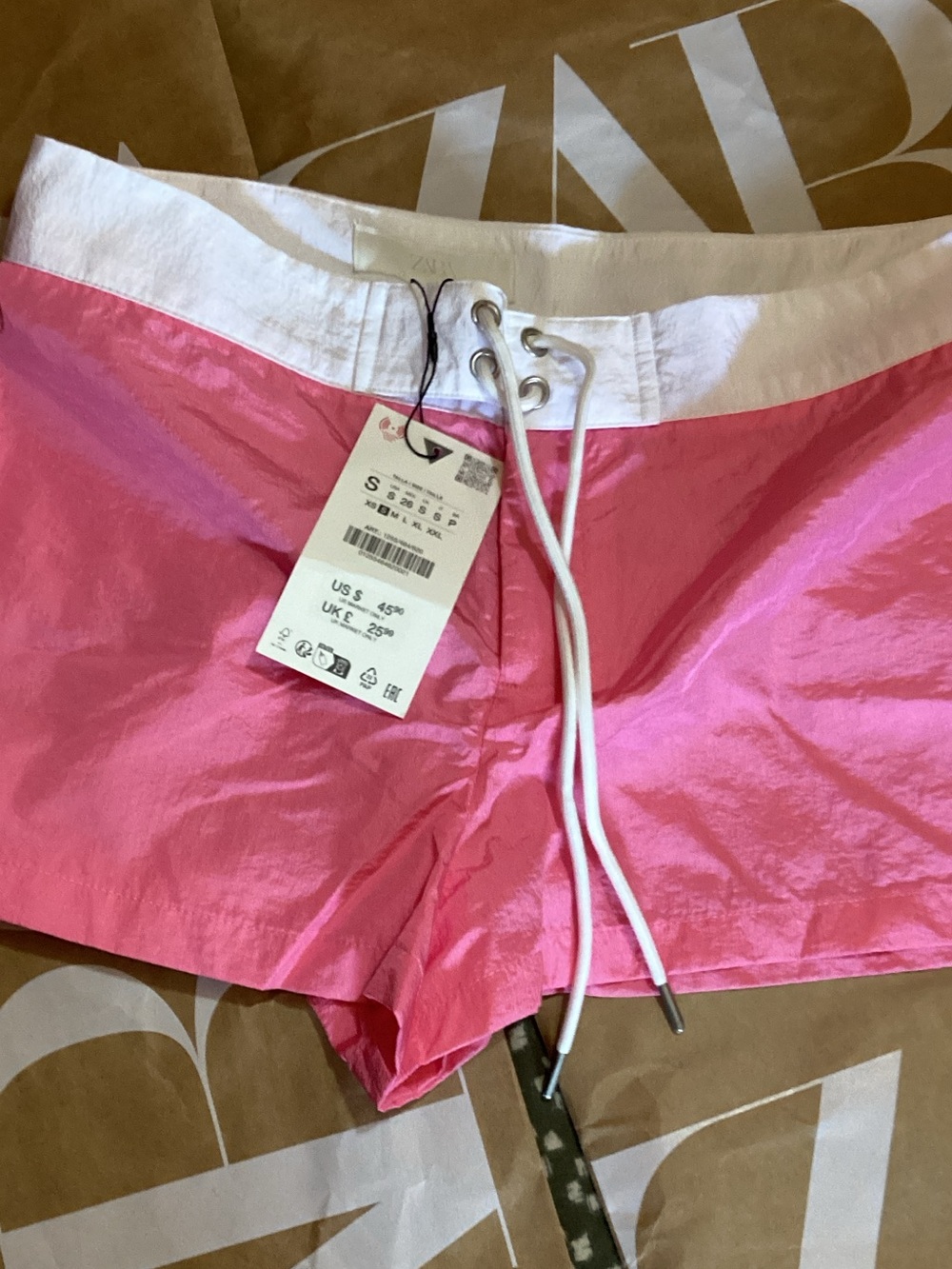 Zara Pink and White Drawstring Bike Shorts